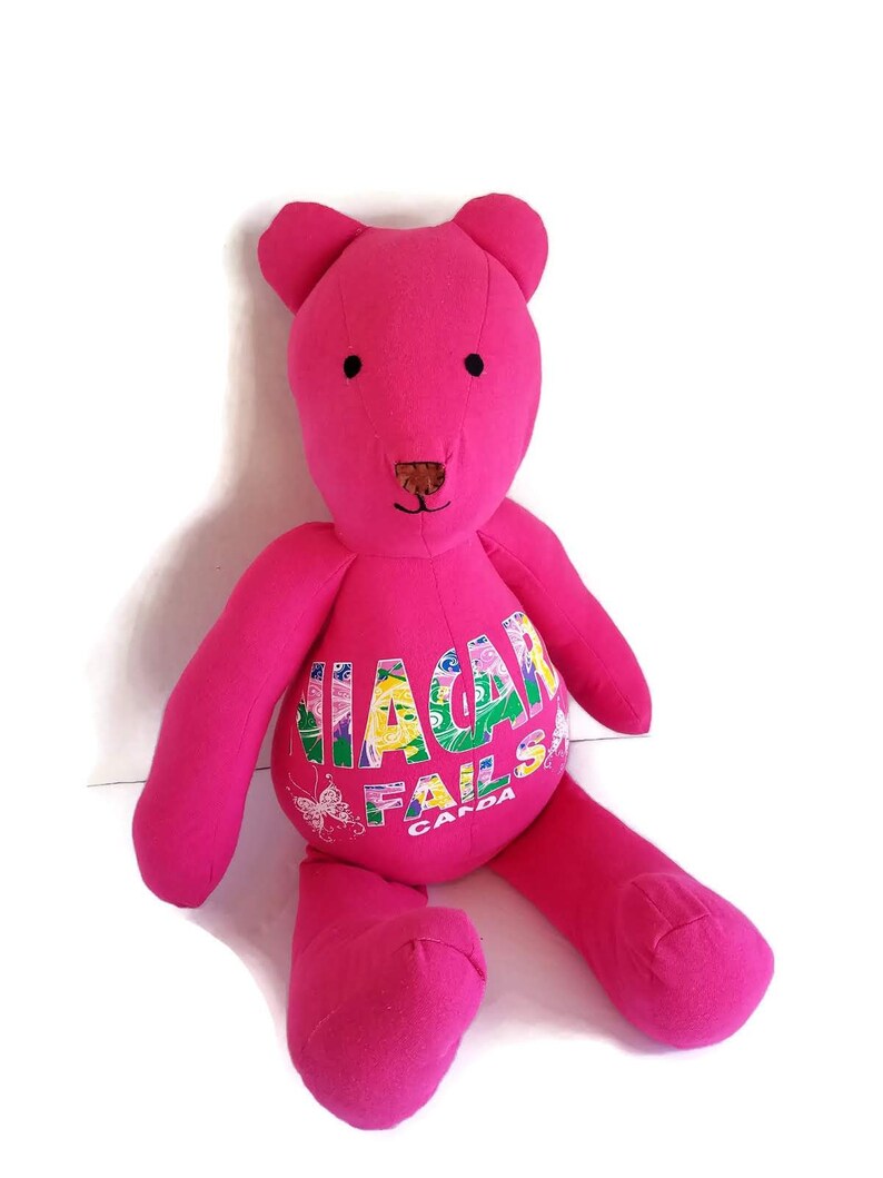 K&ouml;nnte beinhalten: Ein rosa Stoffteddyb&auml;r mit schwarzen Augen und einer braunen Nase. Der B&auml;r sitzt mit ausgestreckten Beinen und hat die Worte "NIAGARA FALLS CANADA" auf seiner Brust.