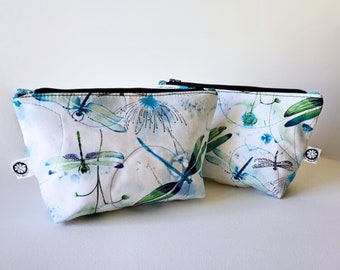 Quilted Zippered Cosmetic Bag with Watercolor Dragonflies Print - Lined, Blues and Greens