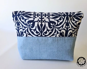 Cosmetic Pouch Bag in Blue and Denim - Medium Size 9 x 6.5, Zipper Closure, Machine Washable