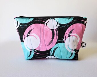 Modern Prints Cosmetic Bag - Turquoise, Pink, and White Circle Quilted Makeup or Project Bag, Zippered and Lined