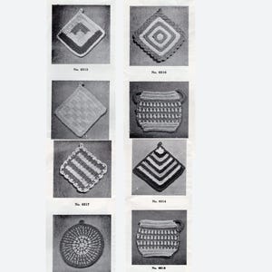 Op de afbeelding: Een verzameling van acht haakpatronen voor potdeksels. De patronen zijn genummerd 6512, 6516, 6517, 6514 en 6518. De patronen zijn allemaal in verschillende ontwerpen, waaronder vierkanten, cirkels en rechthoeken.