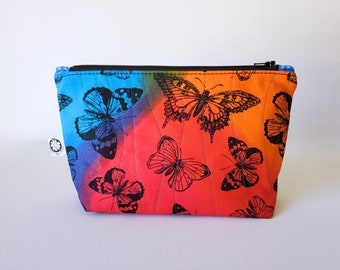 Colorful Butterfly Quilted Cosmetic Bag - Handmade, Lined, Easy Care - 9x6x3