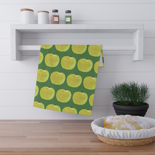 Delightful Crisp Green Apple Watercolor Print Cotton Kitchen Towel - Vibrant and Functional