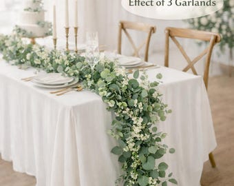 Artificial Eucalyptus Garland with White Flowers | Wedding Table Decor, Farmhouse Wall Garland