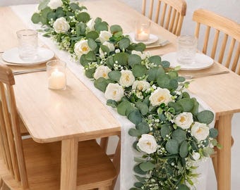 Floral Garland with Eucalyptus and Roses, Artificial Greenery Vine for Wedding, Home & Party Styling
