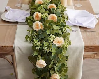 Guirnalda artificial de rosas de eucalipto, enredadera floral para camino de mesa de boda, decoración de arco, despedida de soltera, decoración del hogar