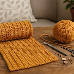 May include: A yellow crocheted scarf with a ball of yarn, crochet hook, scissors, and two gold safety pins on a wooden table.