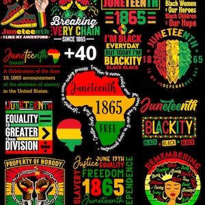 May include: A collage of Juneteenth-themed graphics on a black background. The design includes text such as "Juneteenth," "1865," and "Blackity," along with illustrations of fists, a map of Africa, and a lion.