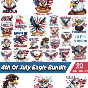 Peut inclure: Un ensemble de 20 motifs d'aigles patriotiques, parfaits pour le 4 juillet. Les images présentent des aigles avec des accessoires aux couleurs du drapeau américain, des textes comme "America" et "Freedom", et divers éléments graphiques. Les motifs sont au format PNG à 300 DPI.