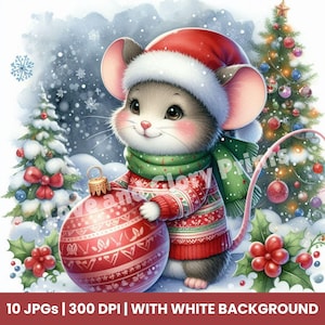 Christmas Mouse Clipart 10 High Quality JPGs, Xmas Mouse, Mouse Clipart, Watercolor Mouse, Christmas Clipart Bundle, Winter Clipart