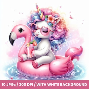 Summer Unicorn Clipart Set of 10 JPGs Watercolor Unicorn in Pool Float Clipart, Rainbow Baby Unicorn for Scrapbook, Journal, Papercraft