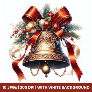 Christmas Bell Clipart Set of 10 JPGs Christmas Clip Art, Festive Bell Images, Printable Watercolor Christmas Clipart, DIY Christmas Cards