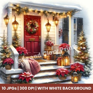Cozy Christmas Porch Clipart Set of 10 JPGs, Watercolor Holiday Decor, Winter Front Porch Art, DIY Xmas Cards, Crafts, Journals