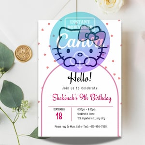Invitación de cumpleaños de gatito, invitación editable de cumpleaños de gatito kawaii, invitación digital de cumpleaños de gatito, invitación de cumpleaños de gatito rosa