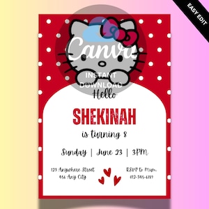 Kitty Birthday Invitation, Editable Kitty Birthday Invite, Kawaii RED Kitty Evite Editable in Canva CUSTOM ORDER, Kitten Cat Birthday evite