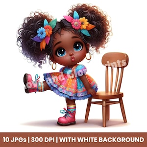 Quirky African American Girl Clipart Set of 10 JPGs Cute Whimsical Afro Girl, Junk Journal, Papercraft, Digital Planner, Cute Doll Printable