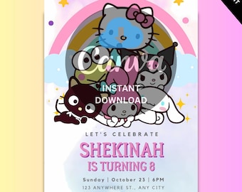 Kitty Birthday Invitation, Editable Kawaii Kitty Birthday Invite, Kitty Digital Birthday Invitation, Pink Kitten Cat Birthday Invite