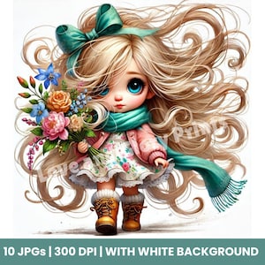 Quirky Girl Clipart Set mit 10 JPGs, Frühling Clipart, Quirky Girl, Puppen Clipart für Journaling, Kartenherstellung, DIY Handwerk, Papierhandwerk