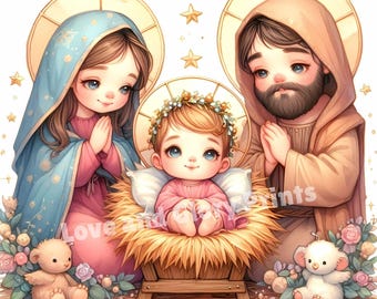 Watercolor Baby Jesus in Manger Clipart JPG, Nativity Scene Illustration, Christian Christmas Clip Art, Holy Family Religious Art Printables