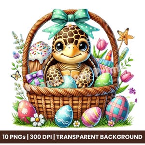 Pode incluir: Uma tartaruga de desenho animado com uma carapaça castanha e bege está sentada numa cesta de vime cheia de ovos de Páscoa e guloseimas. A cesta tem um laço verde no topo. Inclui o texto "10 PNGs | 300 DPI | TRANSPARENT BACKGROUND".