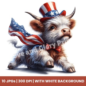 Patriotic Highland Cow Clipart Set of 10 JPGs Patriotic Cow Clipart, 4th of july Clipart, Highland Cow Clipart, Summer Cow ,Independence Day