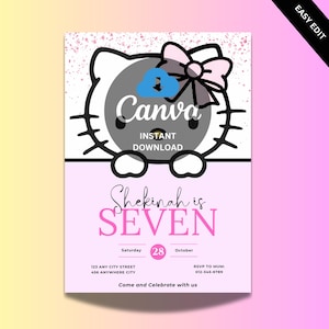 Kitty Birthday Invitation, Editable Kitty Birthday Invite, Kawaii Pink Kitty Evite Editable in Canva CUSTOM ORDER, Kitten Cat Birthday evite