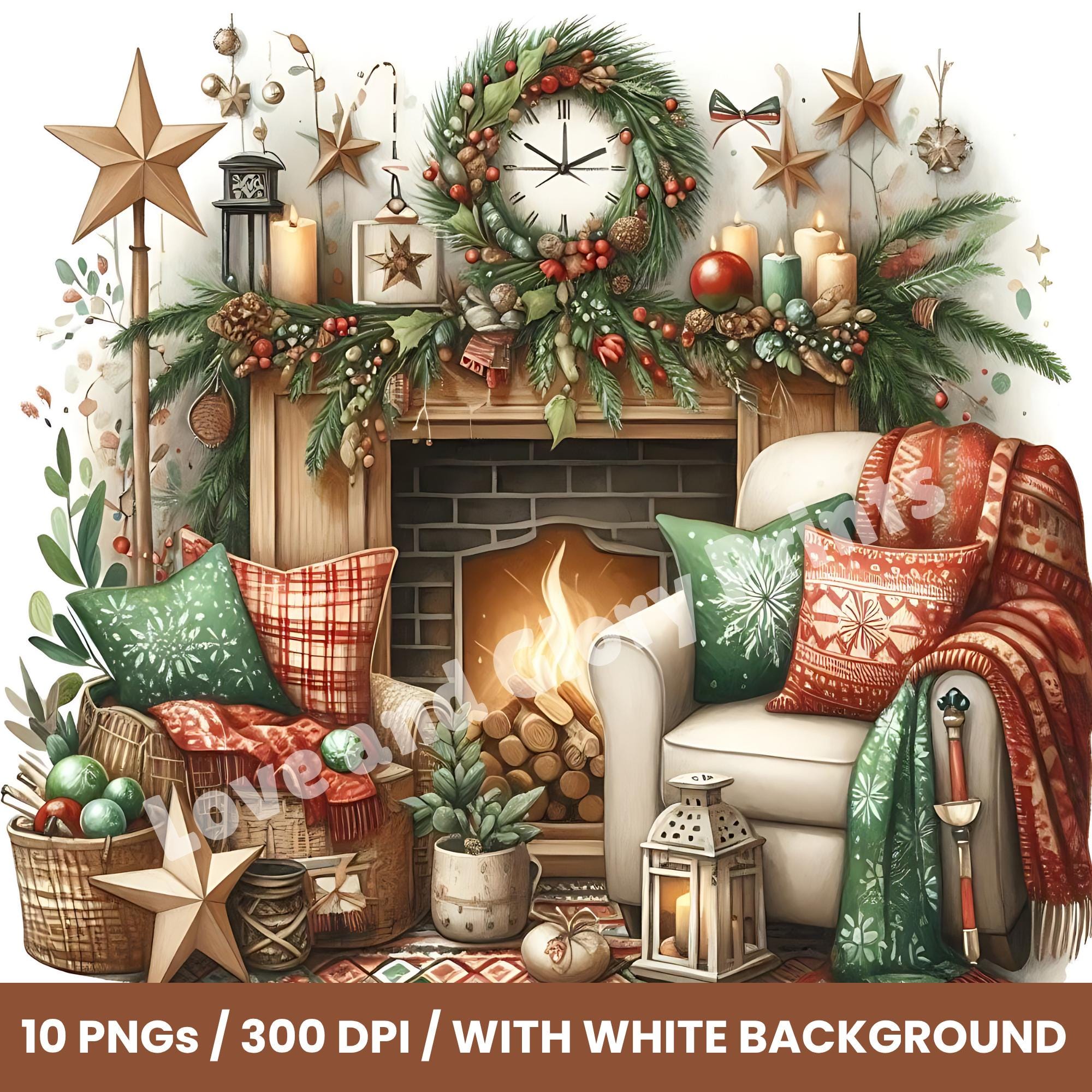 Boho Christmas Corner Set of 10 PNG Winter Holiday Reading Clipart, Reading Nook Clipart, Christmas Cozy Vintage Indoor Clipart, Papercraft