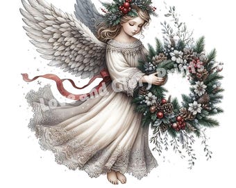 Christmas Angels Clipart Set of 10 JPGs Christmas Clip art Watercolor Christmas Illustration, Angels, Christian Christmas Holiday Printables