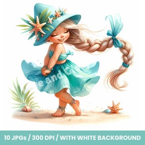 Breezella Beach Gnome Girl Clipart Set of 10 JPGs Watercolor Tropical Summer Gnomes, Gnome Clipart for Nursery Prints, Scrapbooking & Crafts
