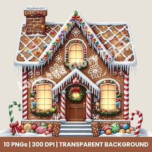 10 imágenes prediseñadas de casas de jengibre, imágenes prediseñadas navideñas, ilustraciones de dulces festivos, imágenes navideñas imprimibles para decoración navideña DIY, manualidades de papel
