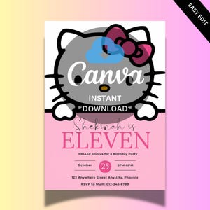 Editable Kitty Birthday Invitation, Kawaii Kitty Birthday Invite, Kitty Theme Birthday Invitation, Pink Kitten Cat Birthday Invite