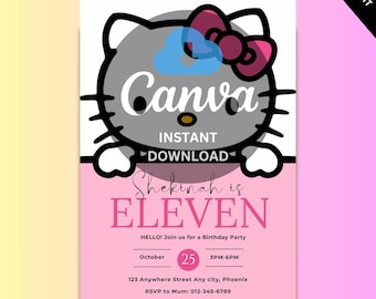 Editable Kitty Birthday Invitation, Kawaii Kitty Birthday Invite, Kitty Theme Birthday Invitation, Pink Kitten Cat Birthday Invite