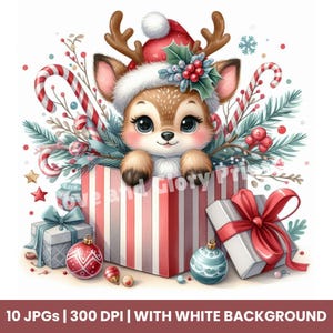 Cute Christmas Animals Clipart, Watercolor Holiday Gift Box JPG, Winter Wildlife Illustrations, Festive Xmas Clip Art, Digital Download