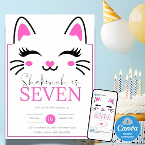 Editable Kitty Birthday Invitation, Kawaii Kitty Birthday Invite, Kitty Theme Birthday Invitation, Pink Kitten Cat Birthday Invite
