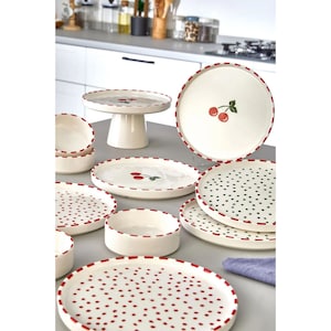 11-Piece Cherry Breakfast Set for 6 | Stackable Ceramic Serving Plates with Red Rim and Cherry Design | Cute & Modern Brunch Tableware
