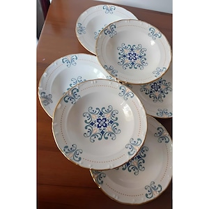 Vintage Floral Porcelain Dinner Plates Set of 6 | 8.2&quot; Gold Rim Deep Plates | Retro Cream Soup Bowls for Elegant Dining