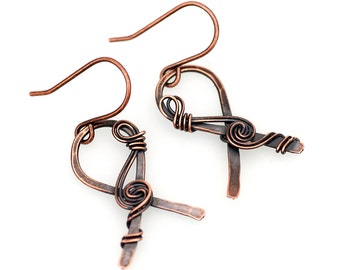 Copper ribbon dangle earrings - antiqued copper lightweight small earrings - medium dangle drop earrings - wire wrapped copper awareness