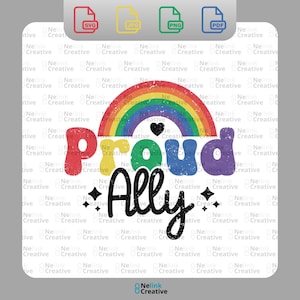 Könnte beinhalten: Digitales Grafikdesign mit den Worten "Proud Ally" in farbenfrohem, verwittertem Text, mit einem Regenbogen über dem Wort "Proud". Das Wort "Ally" ist kursiv geschrieben. Enthält Dateityp-Symbole: SVG, JPG, PNG und PDF.