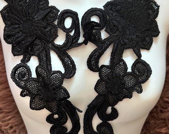 Black Flower Applique Trim, Sewing Craft Supplies (2 Piece)