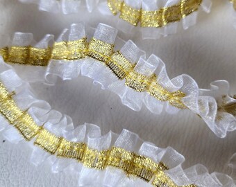 Cute  ruffled  double  trim  white and gold color  1 yards listing 1 inch wide/Sewing trim /Ruffled trim /