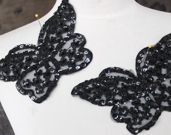 Cute embroidered  and beaded   butterfly  applique  with  sequins black color 1 pieces listing