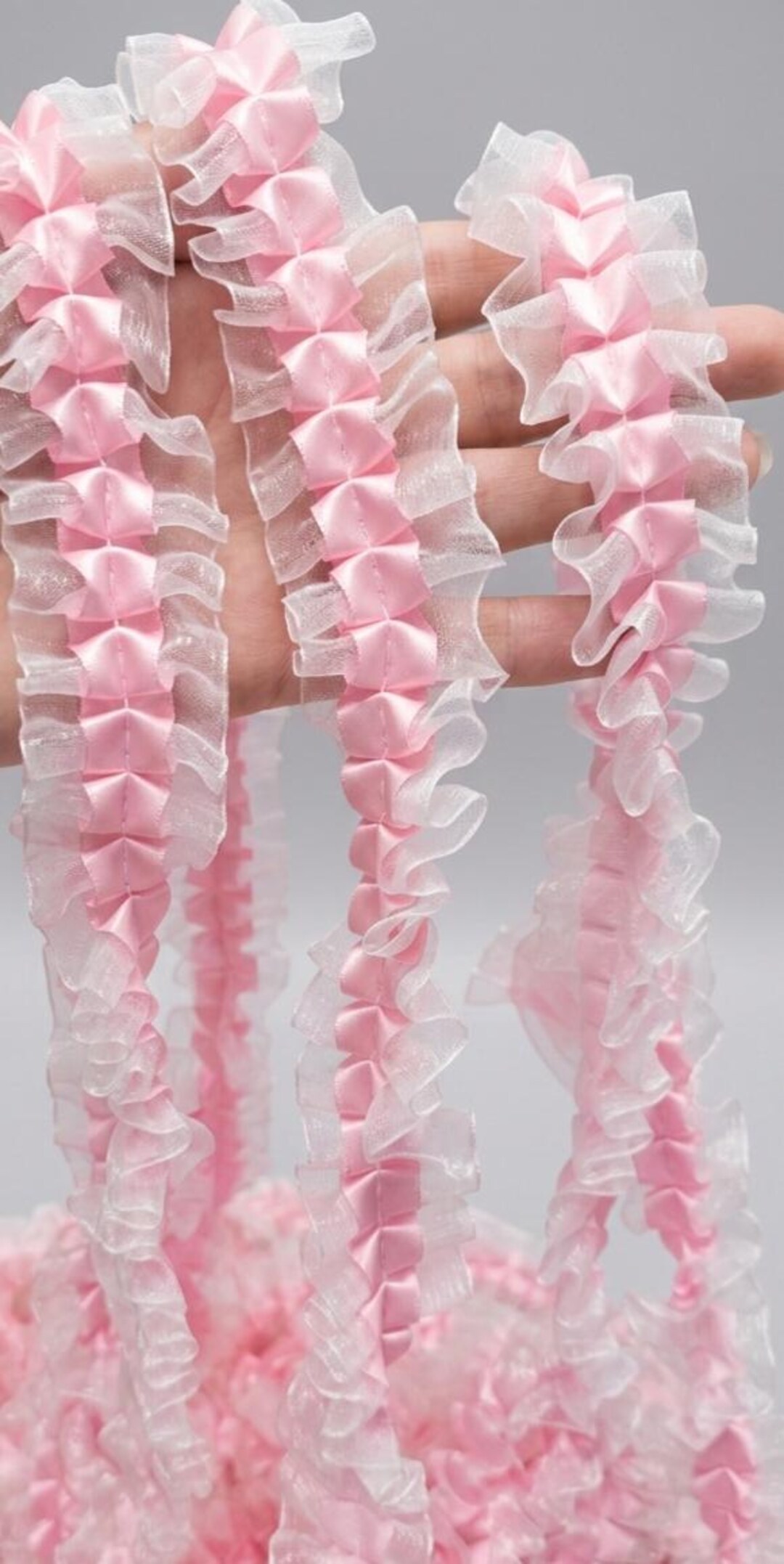 2 Yards Pink Ruffle Lace Trim With Organza, Romantic Ribbon for Sewing ...