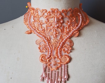 Cute embroidered  and beaded organza  applique  orange   color  1   piece listing