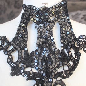 May include: Black lace trim with silver sequins, featuring a delicate floral design. This trim is perfect for adding a touch of elegance to any project.