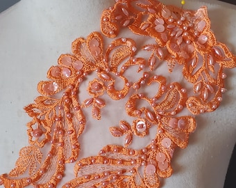 Cute embroidered  and beaded organza  applique  orange   color  1   piece listing