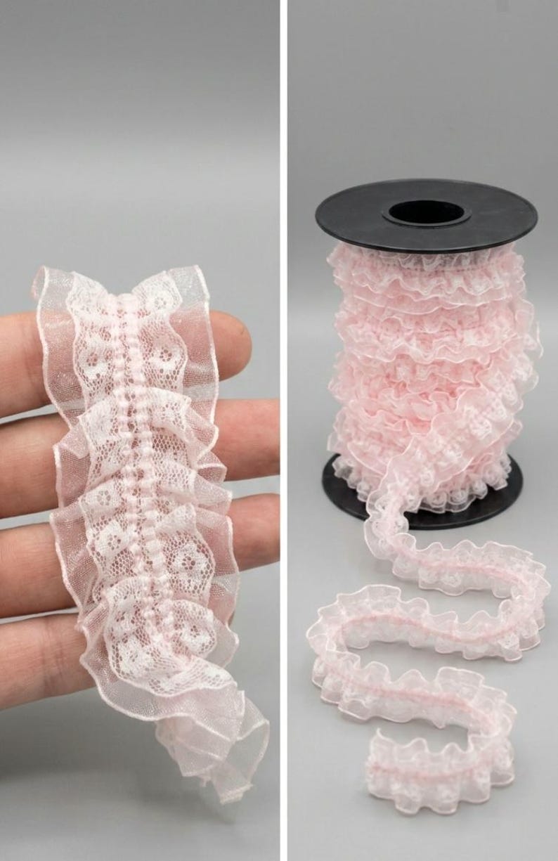 Pink Ruffle Lace Pink Ruffled Lace Trim, Romantic Sewing Supply, Doll Clothes, Crafting ...