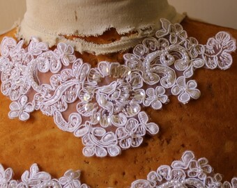 Cute embroidered  and beaded organza flower   applique  white color 2 pieces listing 9 by 3 inch