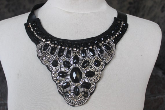 Beaded Embroidered Applique - Black Color