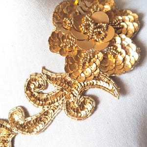Gold Beaded Flower Applique with Sequins, Costume Trim (10 inch)