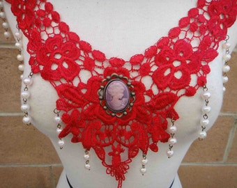 Sewing applique /Beautiful red applique with beats hanging and a cameo buckle on the middle 1 piece listing